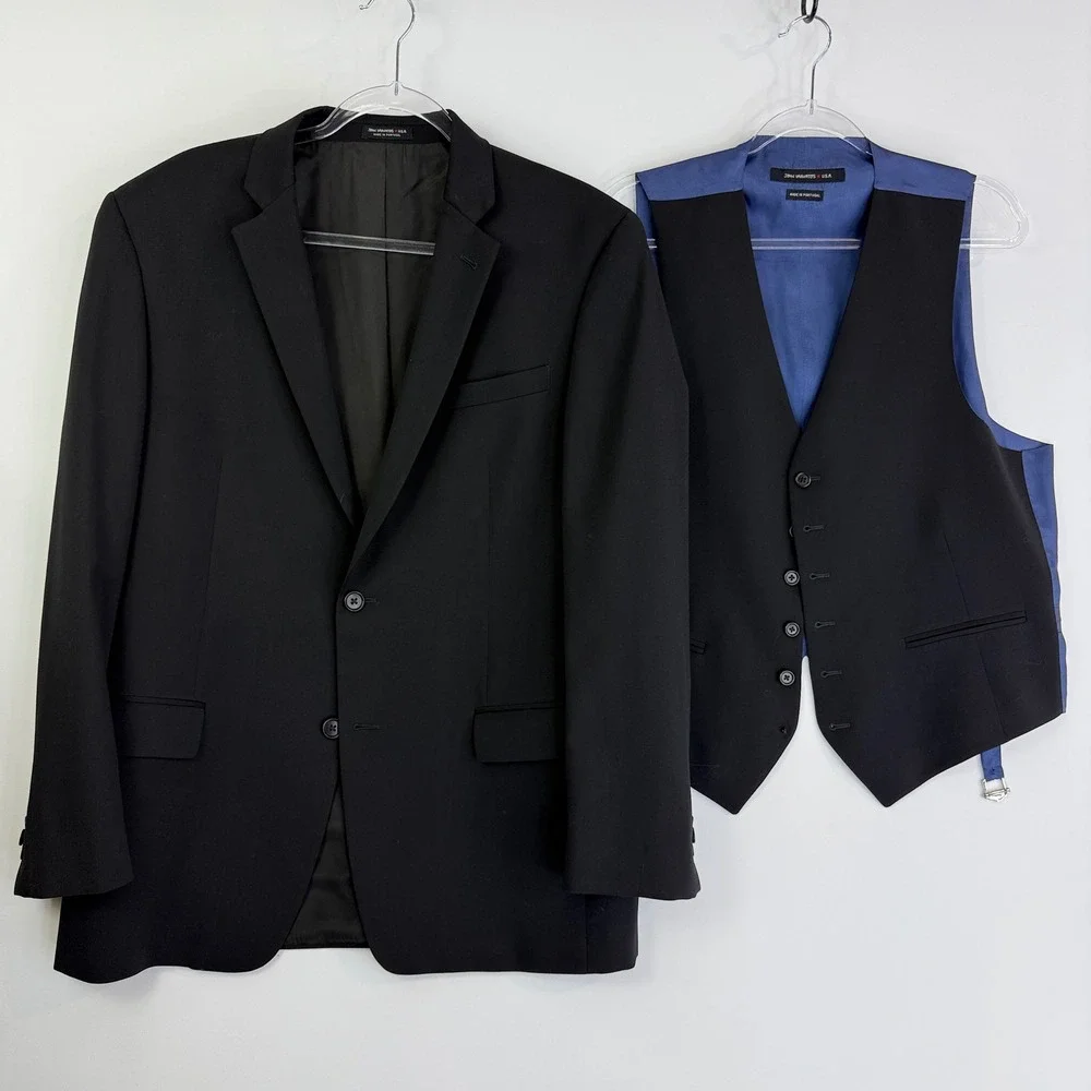 John Varvatos USA Blazer Vest Set Mens 42R Navy 100% Wool 2pc Suit Jacket 12994